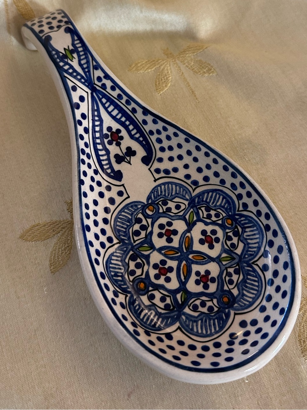 Cost Plus World Market Boho White & Blue Ceramic Spoonrest.